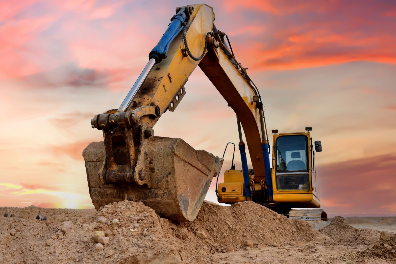 Excavator,On,Sunset.,Open-pit,Mining.,Backhoe,Dig,Ground,In,Quarry.
