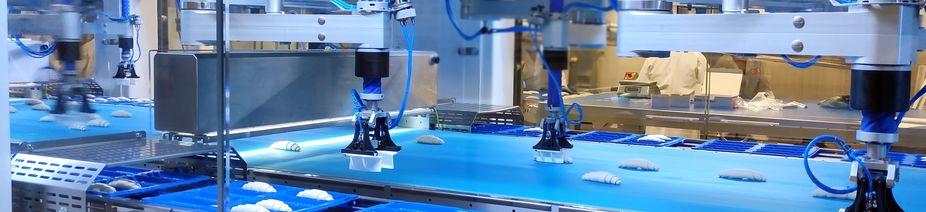 Smart machines do the work of people in a factory. Smart machines shift finished products from the conveyor belt. Concept Smart machines do the job faster and better than humans.