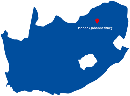 A blue map shows the location of the new FUCHS grease factory in the African city of Isando near Johannesburg.