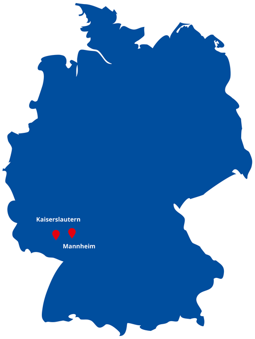 A blue map shows the locations of two FUCHS plants in Mannheim and Kaiserslautern, Germany.