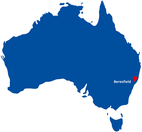 A blue map shows the location of the new FUCHS plant with quality and research laboratory in Beresfield, Australia.