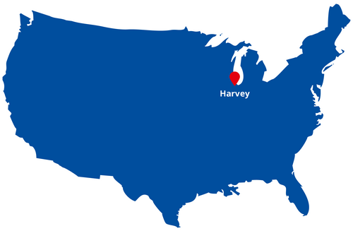 A blue map shows the location of the new FUCHS factory for special greases in the American city of Harvey, Chicago.