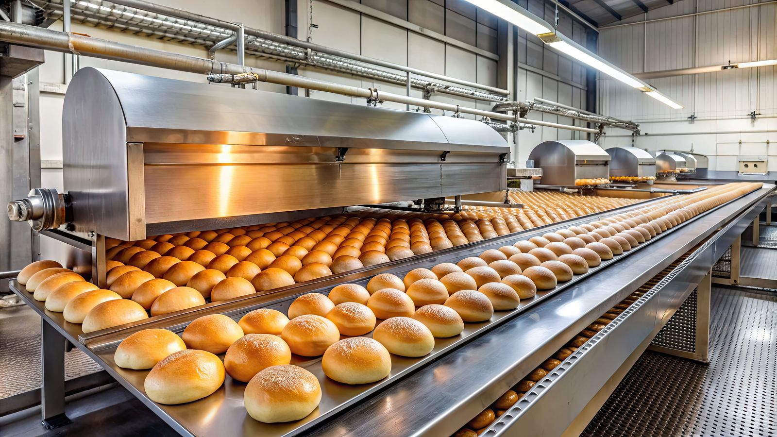 Freshly baked bread rolls emerge from a large industrial oven, surrounded by stainless steel machinery and conveyor belts in a modern food processing facility.