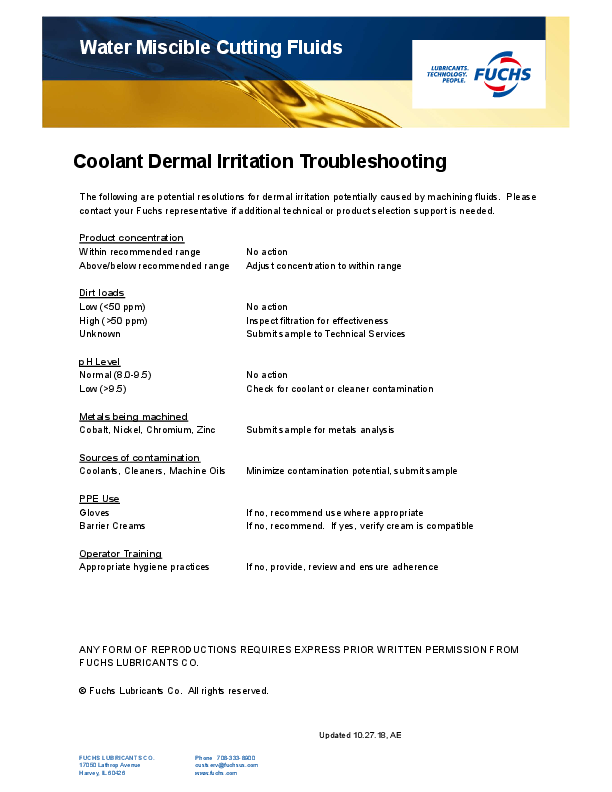 FUCHS Lubricants - Coolant Dermal Irritation Troubleshooting Guide