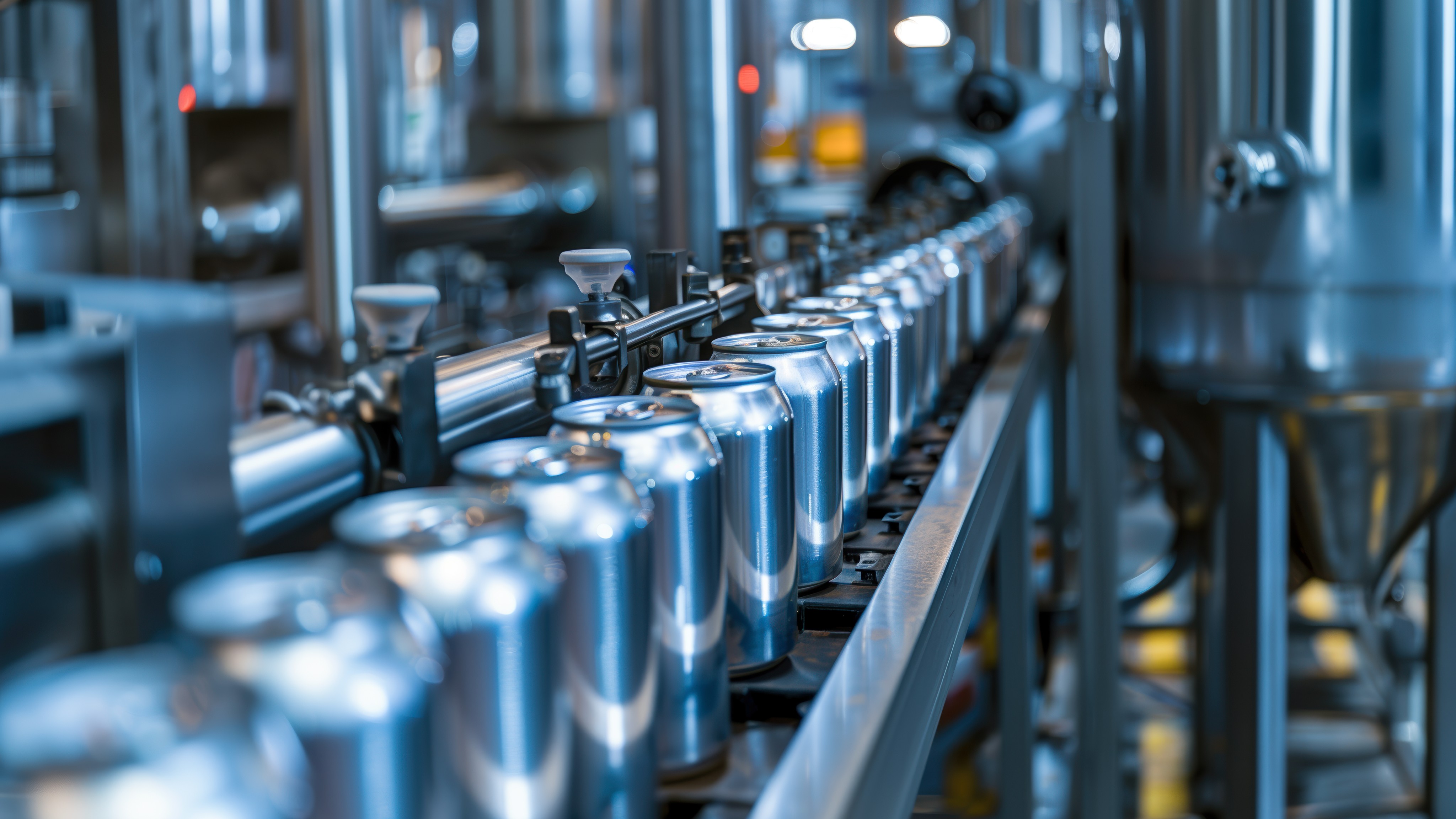 Rows of aluminum beverage cans moving along an automated filling and packaging line in a modern food and beverage production facility, with stainless steel equipment in the background