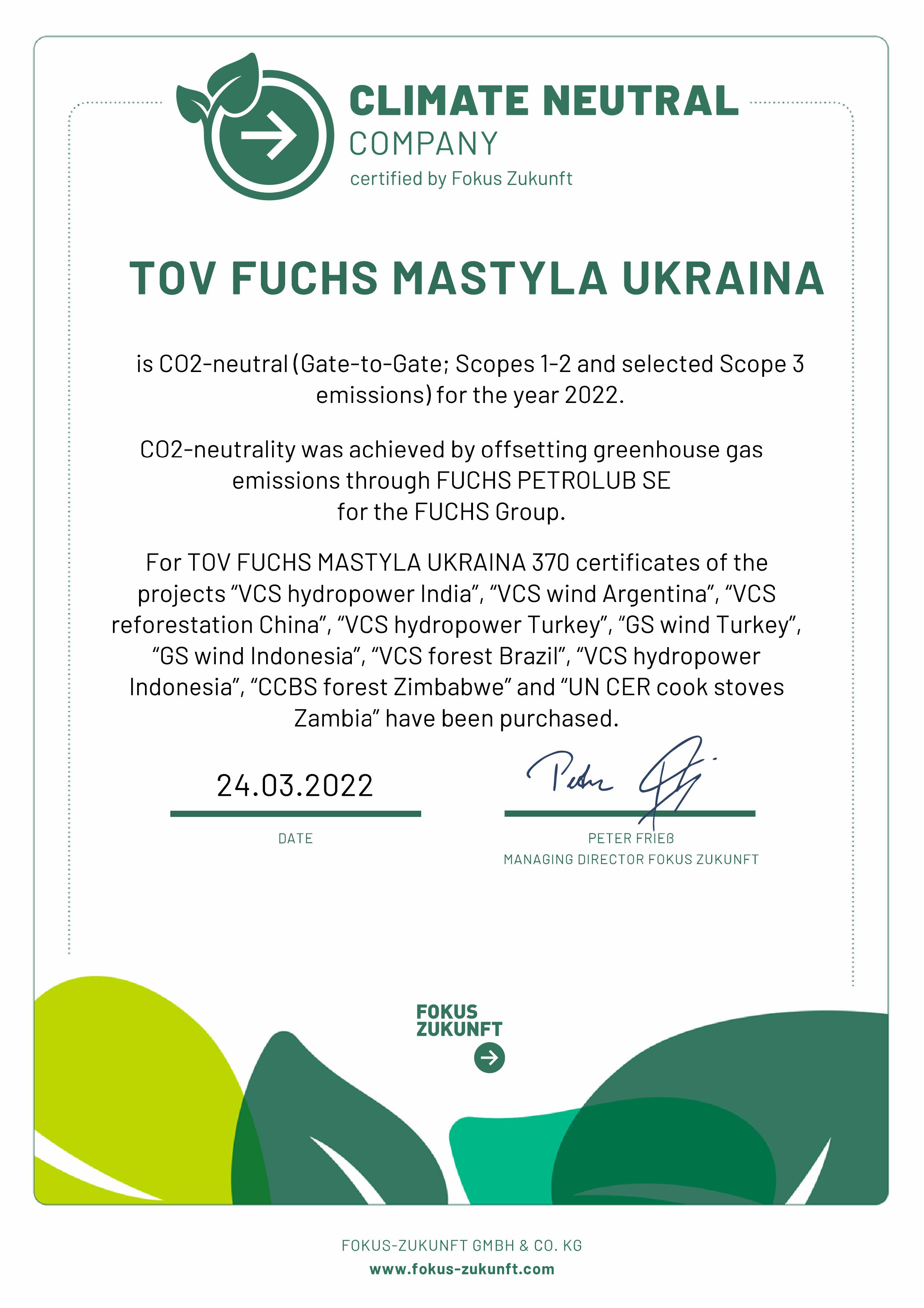 «Фукс Мастила Україна» вдруге отримує Сертифікат вуглецевої нейтральності «Фукс Мастила Україна» вдруге отримує Сертифікат вуглецевої нейтральності