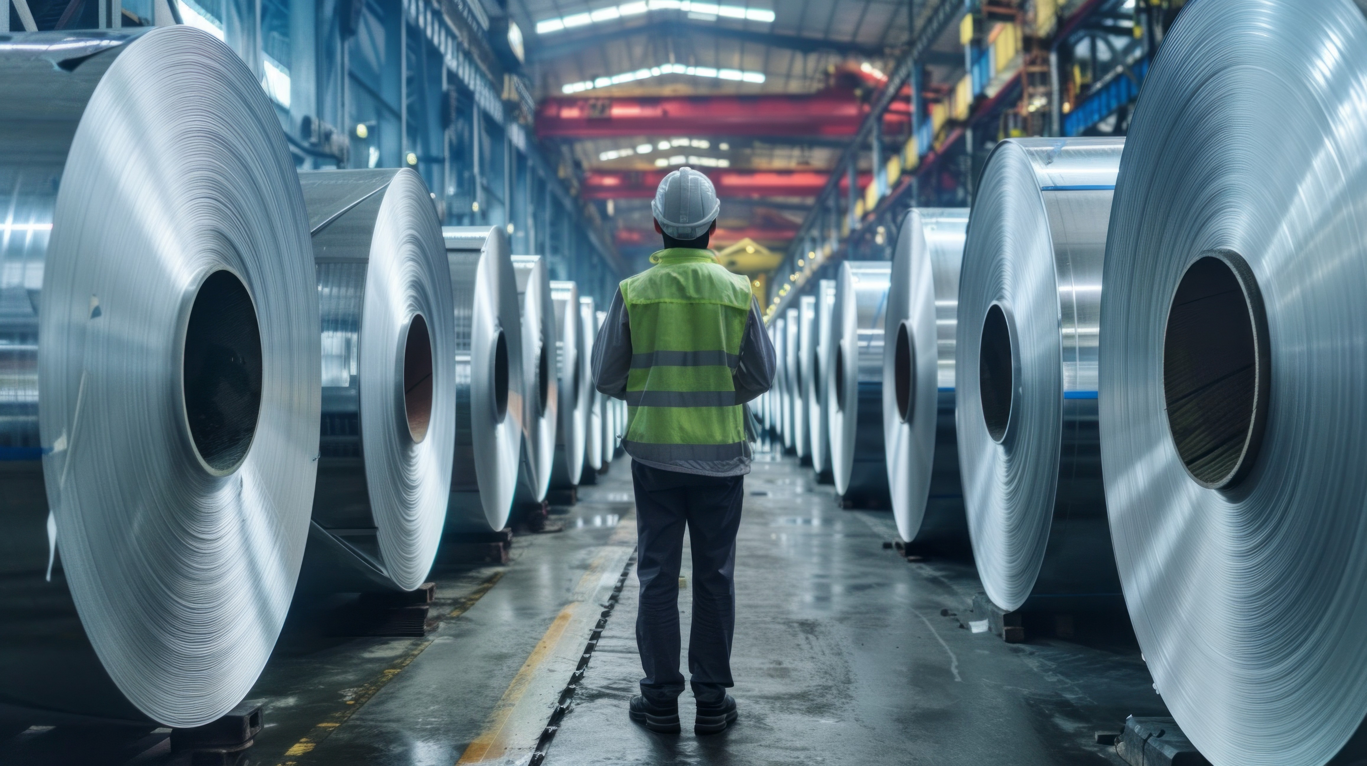 A worker in a safety vest stands in the middle of a factory floor, surveying rows of large steel coils A worker in a safety vest stands in the middle of a factory floor, surveying rows of large steel coils
