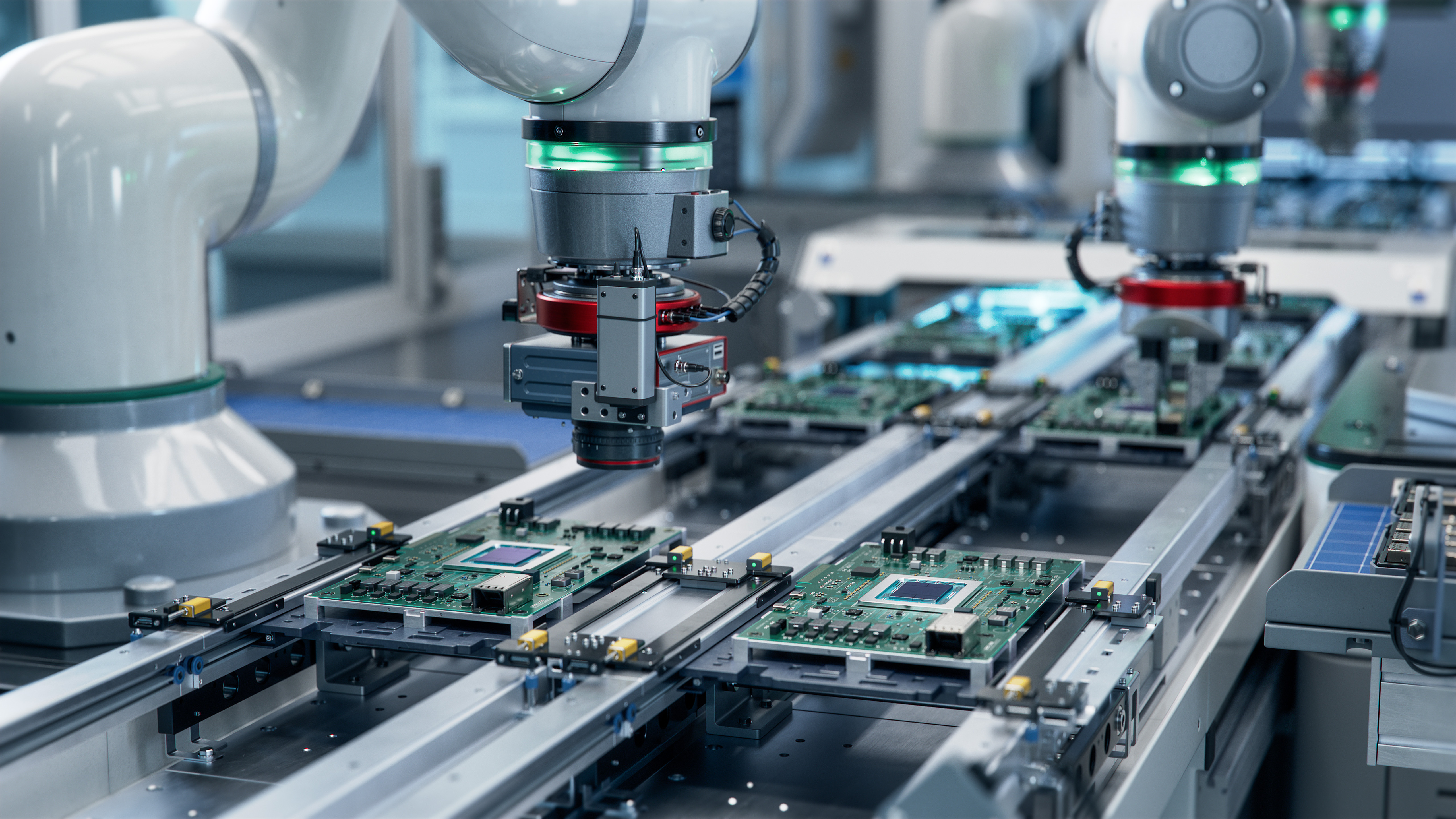 Component Installation and Quality Control of Circuit Board. Fully Automated PCB Assembly Line Equipped with High Precision Robot Arms at Electronics Factory. Electronic Devices Manufacturing Industry Component Installation and Quality Control of Circuit Board. Fully Automated PCB Assembly Line Equipped with High Precision Robot Arms at Electronics Factory. Electronic Devices Manufacturing Industry