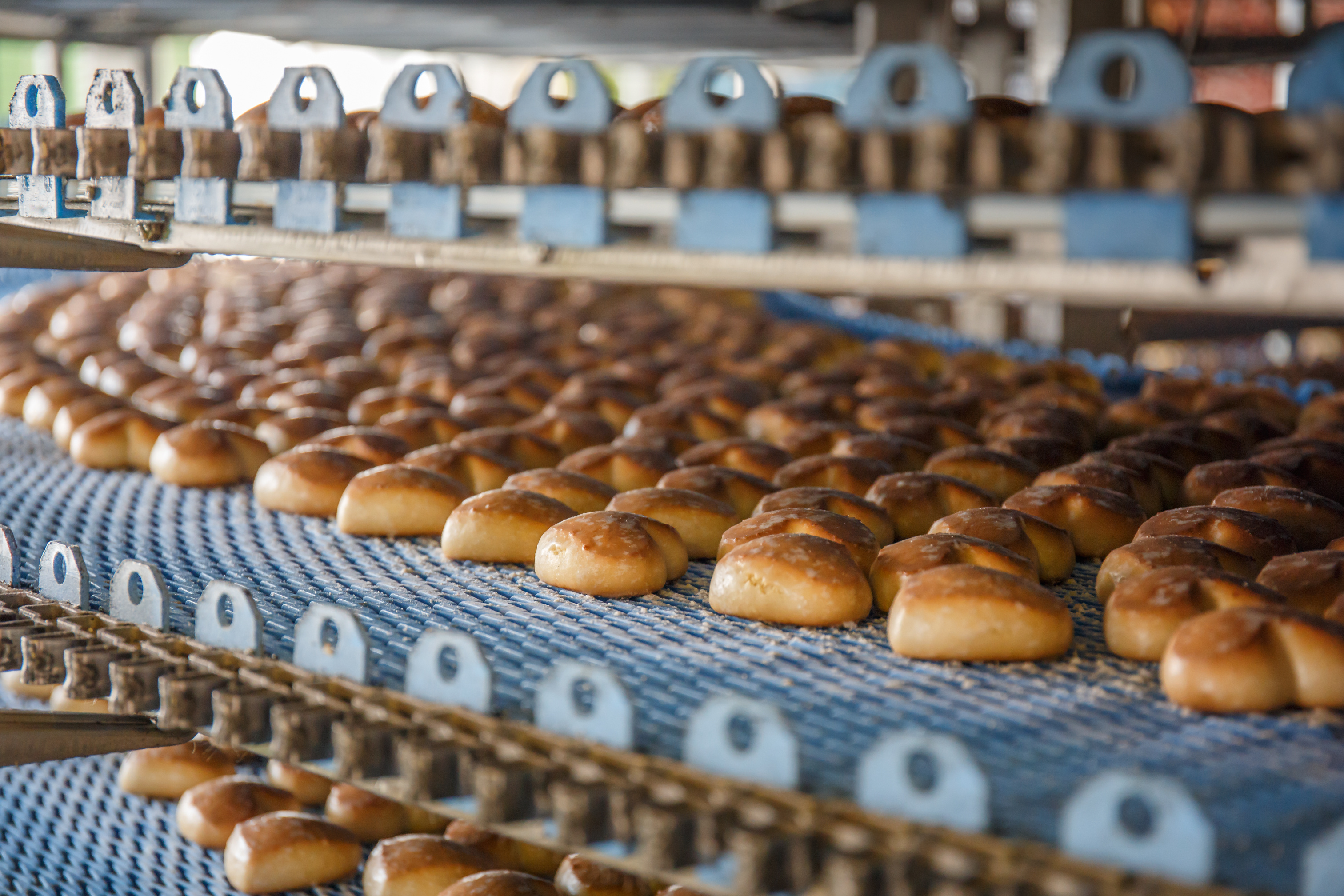 4884064 Cakes on automated round conveyor machine in bakery food factory, production line