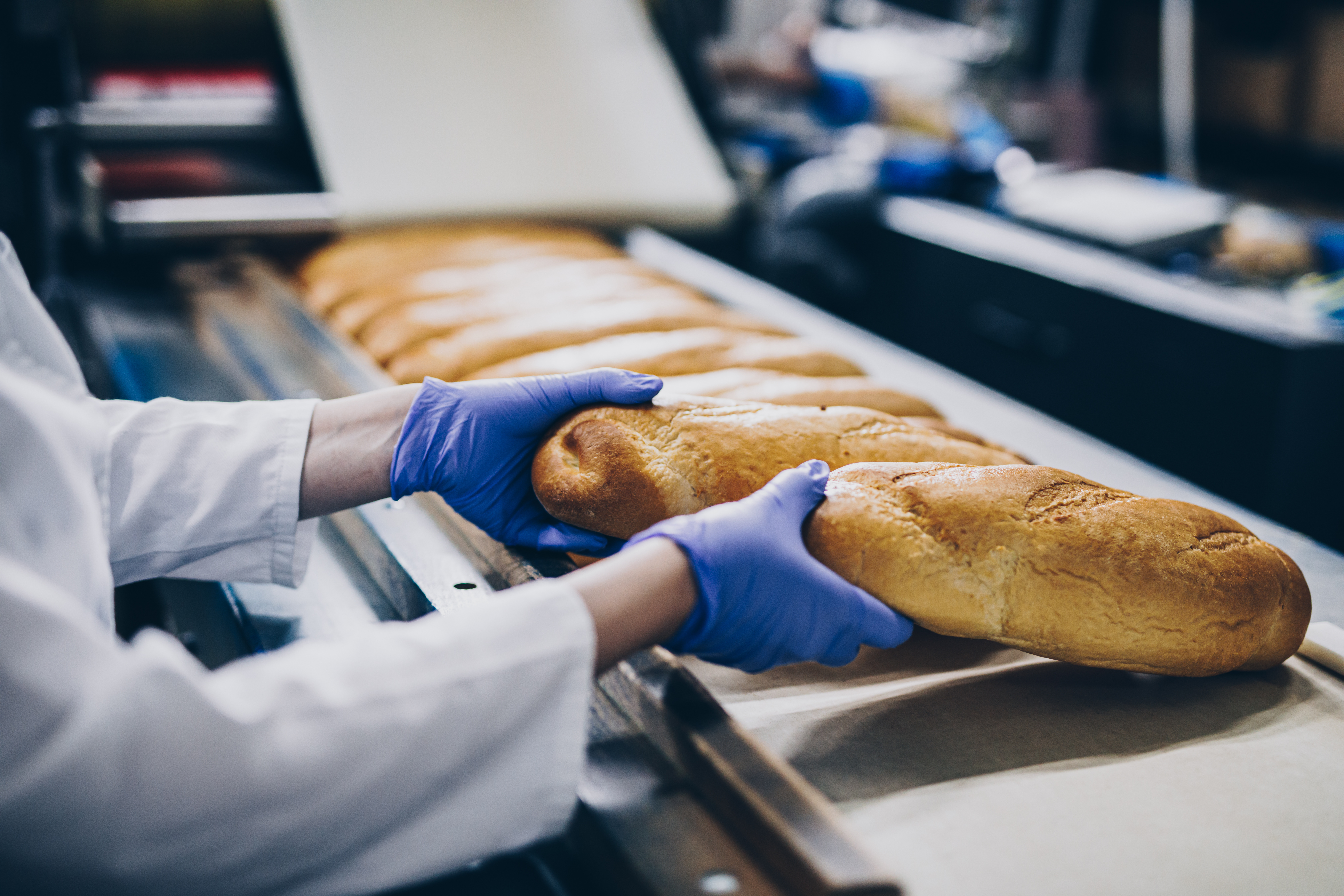 Baker woman working at bread production line. Baker woman working at bread production line.