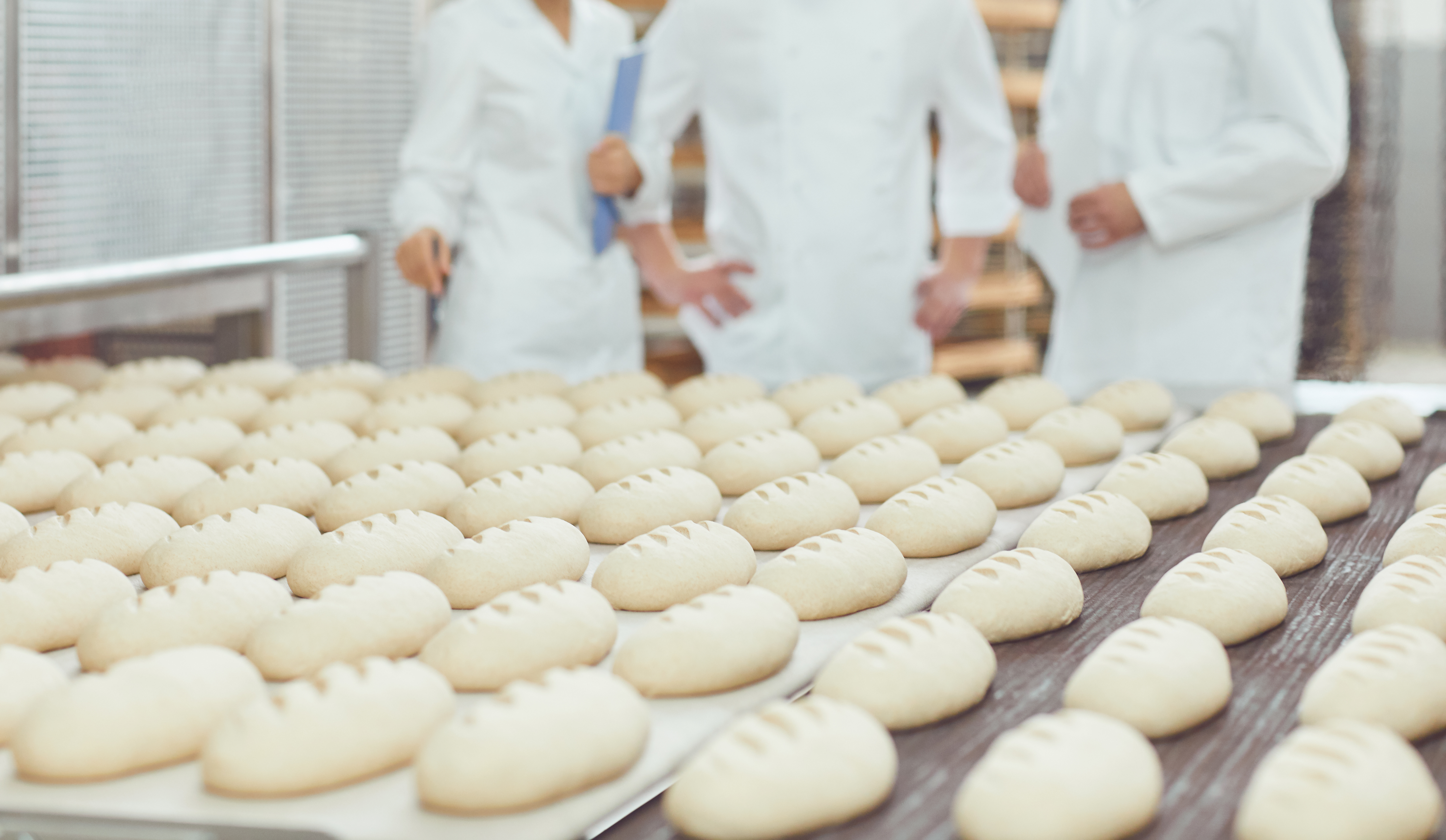 Raw bread is making on the automatic equipment line in the bakery. Raw bread is making on the automatic equipment line in the bakery.