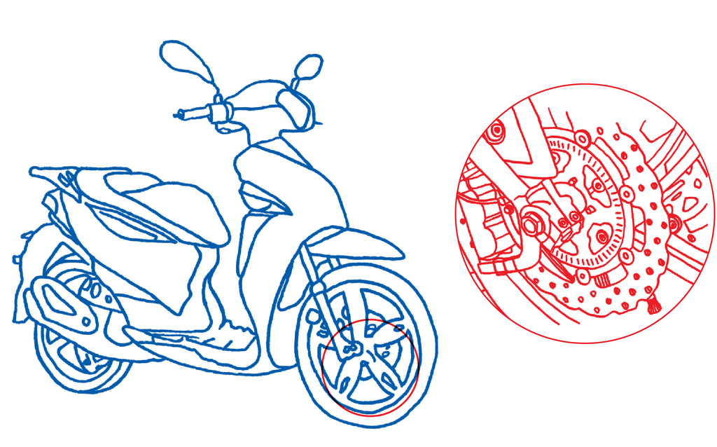 Sketch of a scooter showing the application of lubricants.